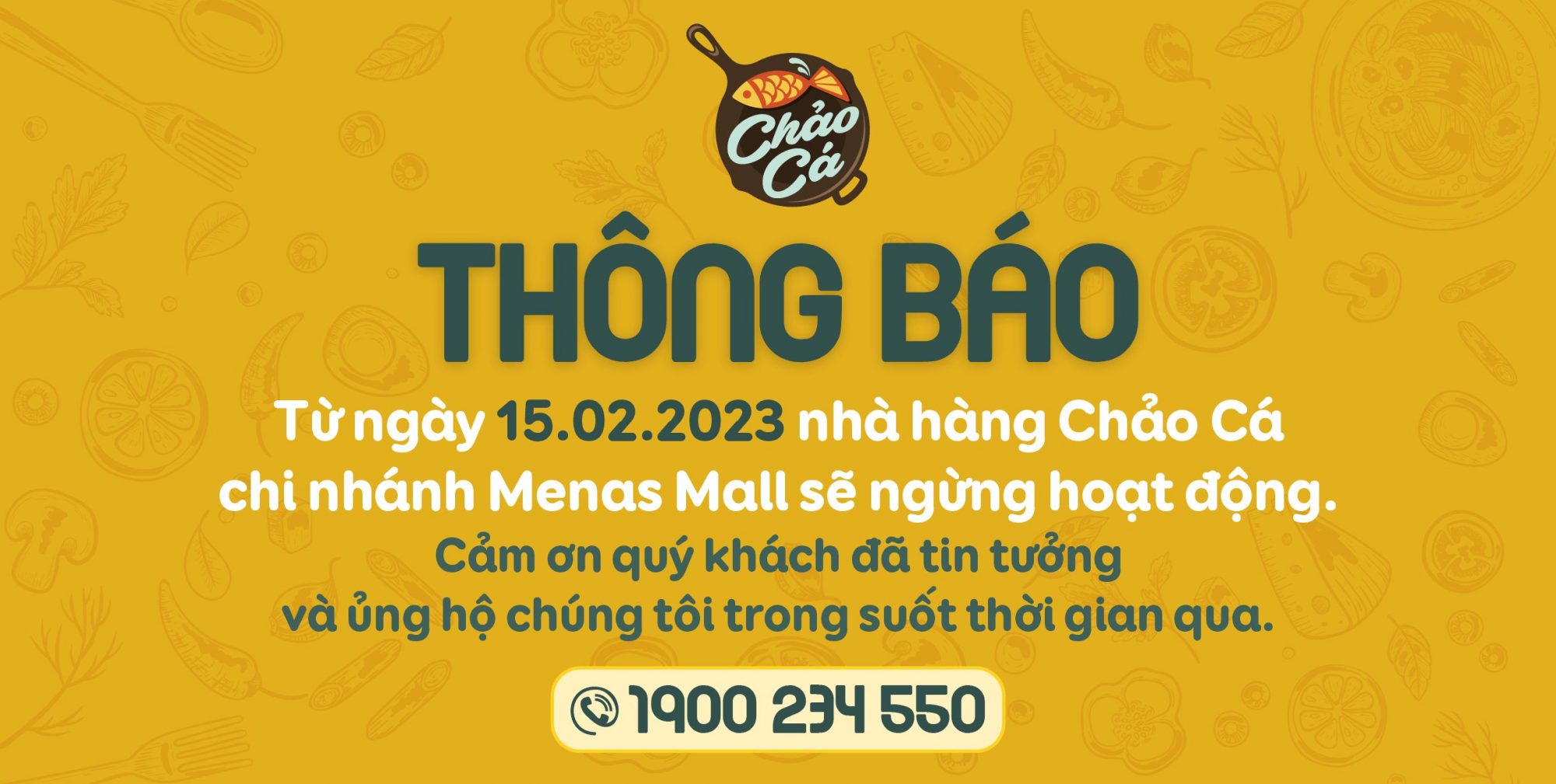 THÔNG BÁO ĐÓNG CỬA TRỐNG CƠM & CHẢO CÁ CHI NHÁNH MENAS MALL