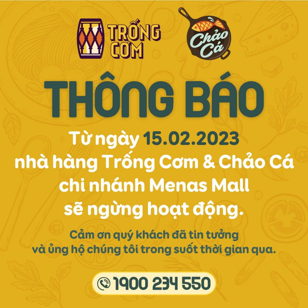 Thông báo dừng hoạt động chi nhánh Menas Mall